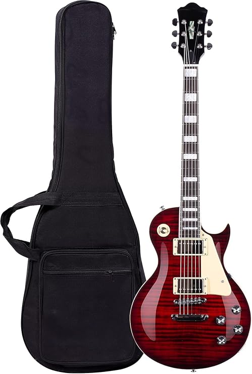 Solid Body Electric Guitar LP Style, Mahogany Body with Maple Neck & Rosewood Fretboard, Stainless Steel Frets, Humbucker Pickup, 3-Way Switch, Electric Guitar with Gig Bag (Red)