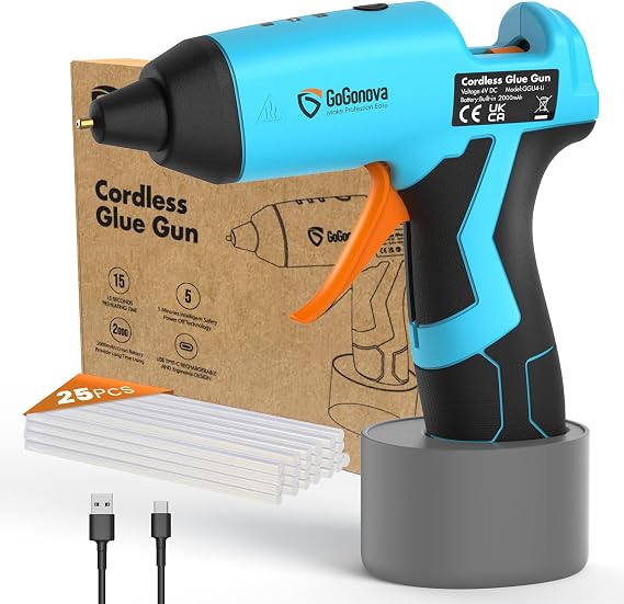 GoGonova Cordless Hot Glue Gun Kit, 2Ah Battery, Includes 25 Glue Sticks | 15s Fast Preheating, Glue Gun and Sticks Set, Smart Power-off, Anti-Drip for School Crafts, DIY Arts, Home Repairs
