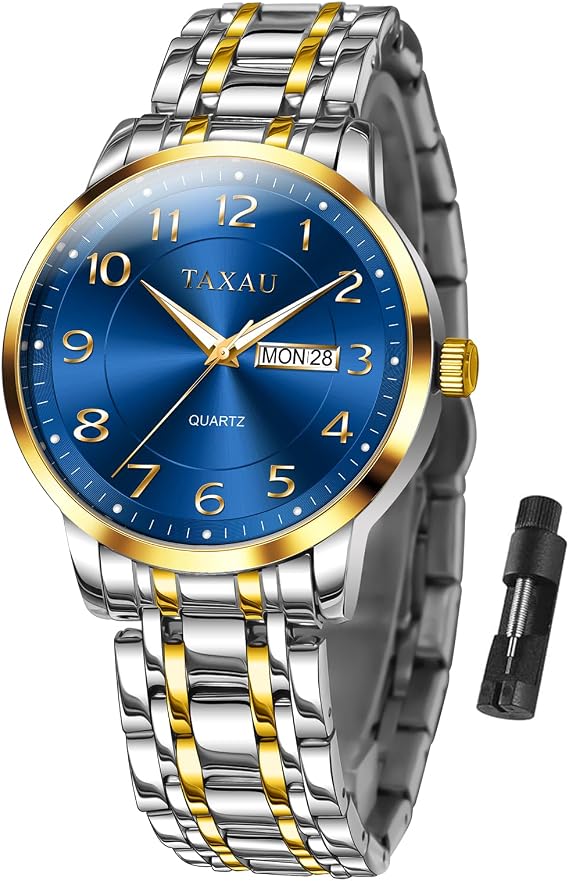 Taxau Armbanduhr Herren Analog Quarz wasserdichte Luxus Business Edelstahl Herrenuhren Multifunktion Leuchtdatum Elegantes Geschenk