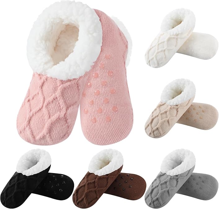 Toulite 6 Pairs Women Fuzzy Socks with Grippers Warm Sherpa Non Slip