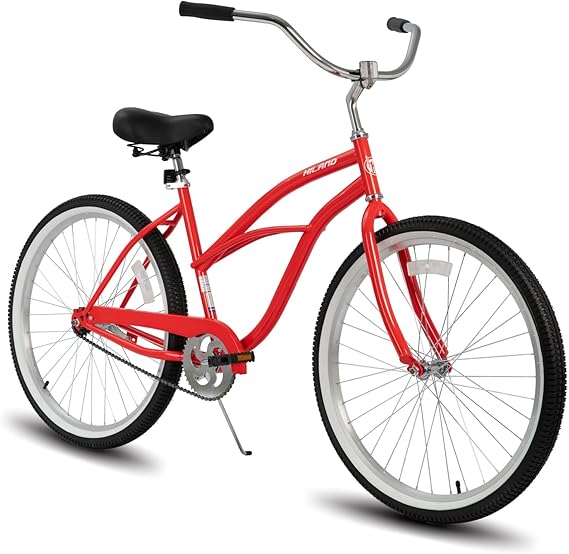 Hiland Beach Cruiser Bike for Adults, 24 26 inch Step-Through Frame Womens Bicycle, Single Speed City Bike Commuter Bicycle for Women, Rear Coaster Brakes, Black Blue Red