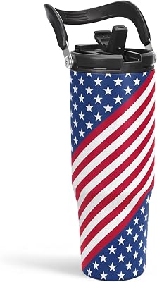 American Flag Tumbler with Handle 30oz, Stainless Steel Insulated Flip Straw Tumblers Coffee Travel Mug Cup, USA America Gifts for Women Men for Birthday Christmas