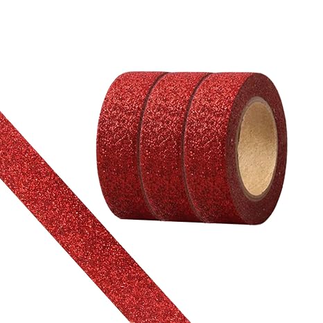 Glitter Washi Tape,3 Rolls 5/8"(15mm) red Decorative Tape, Craft Self Adhesive Stick On Sticky Glitter Trim Gold ,Supplies for DIY, Bullet Journal, Craft, Gift Wrapping, Scrapbooking (Red)