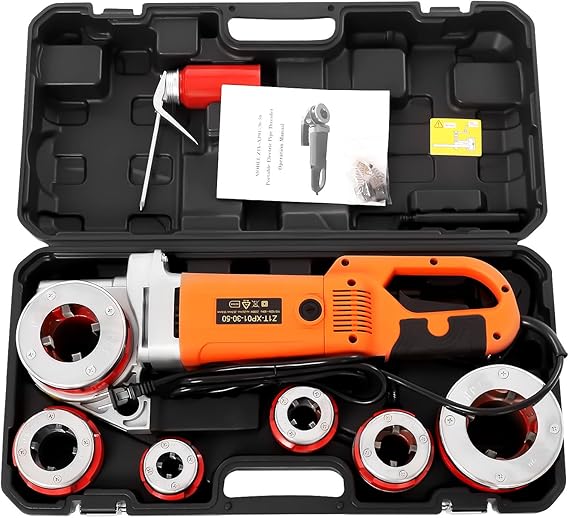 Electric Pipe Threader 110V 2300W Pipe Threading Tool Pipe Threader Kit with 6 Dies 1/2"-2" Portable Handheld Electric Threader Kit for Plumbing Installation