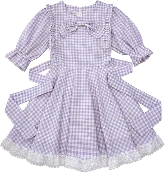 Sweet Lolita Dress Teens Princess Casual Kawaii Plaid Ruffle Lace Puff Sleeve Bandage Bow Short Dresses