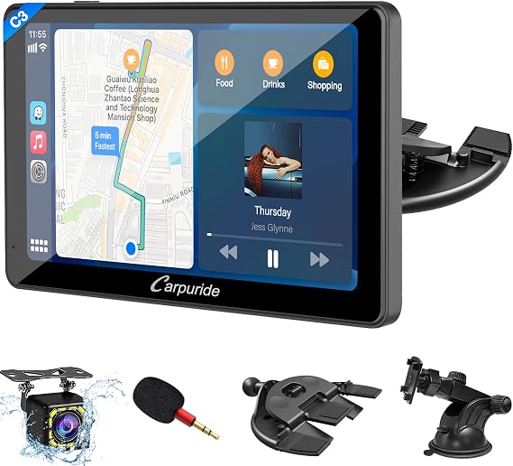 Carpuride C3 Wireless Portable Carplay Car Stereo 7 Inch IPS Touch Screen Car Play Radio Receiver Android Auto, Mirror Link, Voice Control, with Rear Camera and Microphone, CD Bracket