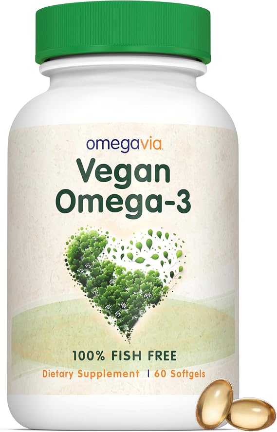 OmegaVia Vegan Omega 3 Supplement, Algae Oil, 300mg Vegan DHA (60 Softgels)