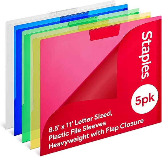 Staples Poly Project Jackets, Letter Size, Clear-Front, 5/Pack | Durable document sleeves in assorted colors for organizing project files.
