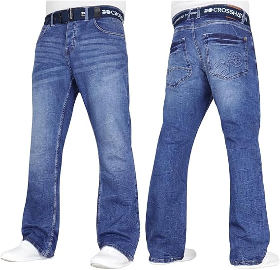 Crosshatch Mens Stretch Bootcut Fit Fashion Jeans Trousers Free Belt Stylish Branded Denim By JeanBase