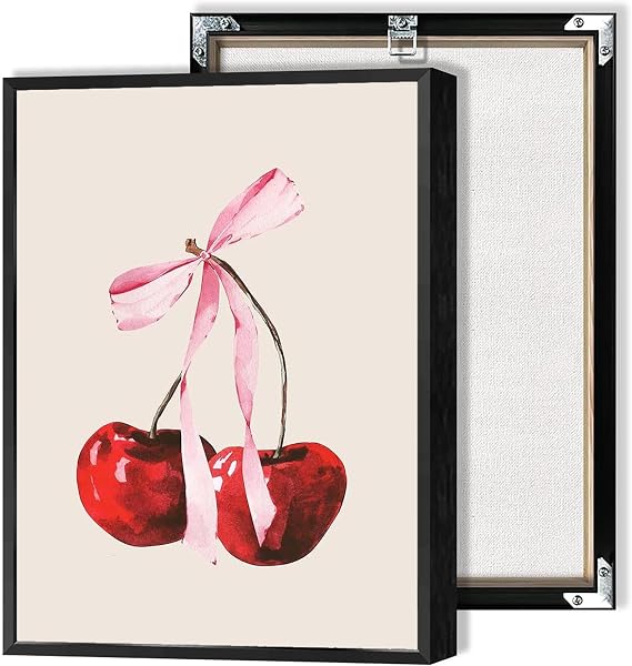 Cherry Pink Bow Poster for Girl Bedroom Coquette Feminine Poster Red Cherry Canvas Wall Art Trendy Bow Art Preppy College Apartment Print Coquette Girly Wall Art for Bedroom12x16in black aluminum frame
