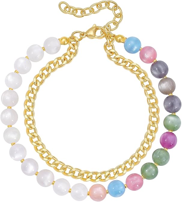 KELORIS PATH Layered UV Reactive Ankle Bracelets for Women, Dopamine Colorful Rainbow Beaded Anklets with 14K Gold Plated Cuban Chain, Color Changing Jewelry for Summer