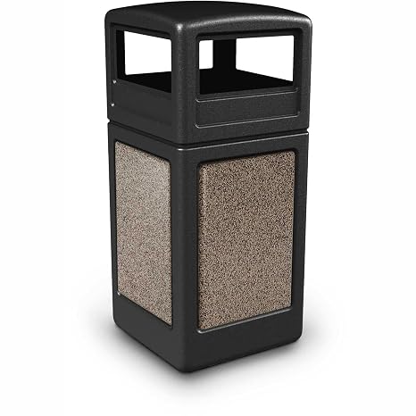 Commercial Zone StoneTec 42 Gallon Square Receptacle with Dome Lid, Black w/Riverstone Panels