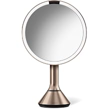 simplehuman ST3027 20cm Sensor Mirror with Touch-Control Brightness, Light Up Makeup Magnifying Mirror, 5x Magnification, LED Tru-Lux Light System, Rechargeable, Rose Gold Stainless Steel