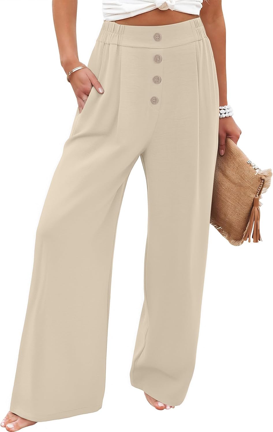 FUNYYZO Women Pull On Pants Elastic Waisted Casual Wide Leg Long Lounge Trousers with Pocket Beach Wear