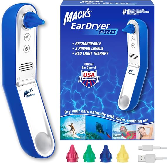 Mack's Ear Dryer PRO Rechargeable Warm Air Ear Water Drying Aid with Red Light Therapy and 3 Power Levels for Swimmers' Ears, Showering, Water Sports, Surfing, Scuba, and Hearing Aids