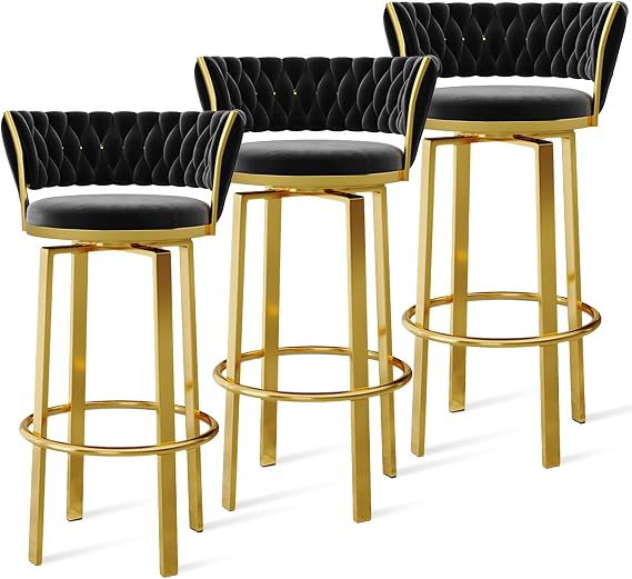 360 ° Swivel Height Bar Stools Set of 1/2/3/4, Open-back Velvet Barstools with Woven Back and Gold/Black Footrest, Dining Chairs for Kitchen Island Pub,Black Gold Leg,3 PCS
