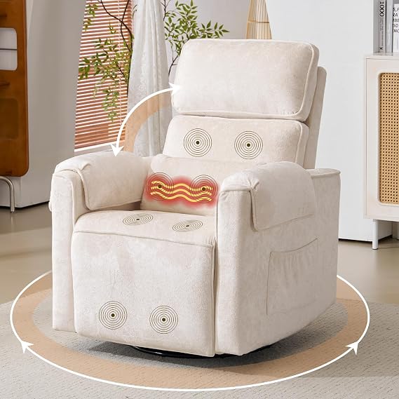 Relaxing Chair TV Chair Electrically Adjustable Massage Chair with Heat and Reclining Function 270° Rotating TV Armchair Living Room Adjustable Headrest Type C & USB 2 Side Pockets White
