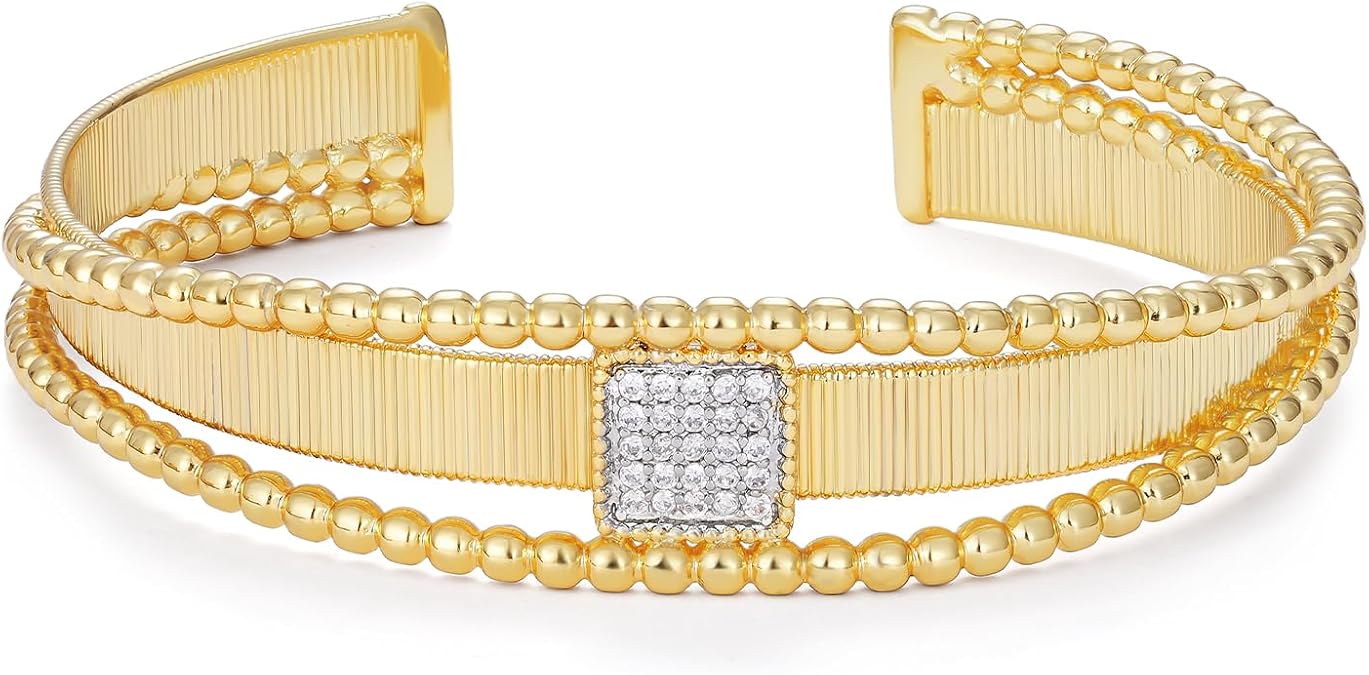 KELORIS PATH Gold Cuff Bracelets for Women, 14K Gold Plated Open Adjustable Cubic Zirconia Bangle Fashion Jewelry Gifts