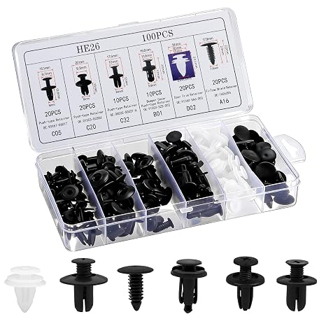 100Pcs Auto Body Panel Fasteners & Push Pin Rivets - 6 Sizes Bumper Fender Flare Retainer Clips. Plastic Expansion Screws Replacement for GM Ford Toyota Honda (100Pcs)