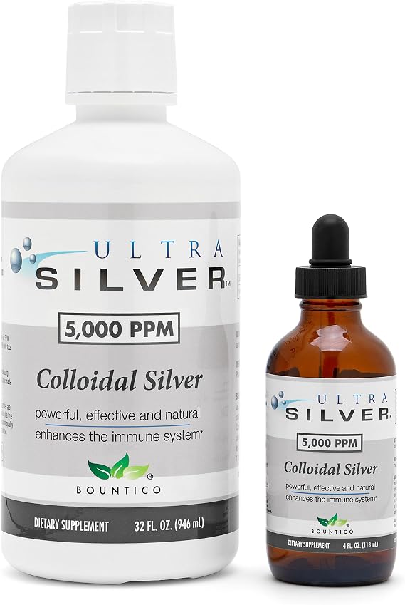 Ultra Silver Colloidal Silver | 5,000 PPM, 32 Oz (946mL) | Mineral Supplement | True Colloidal Silver - 4 oz Dropper Bottle (Empty) Included for Dispensing!