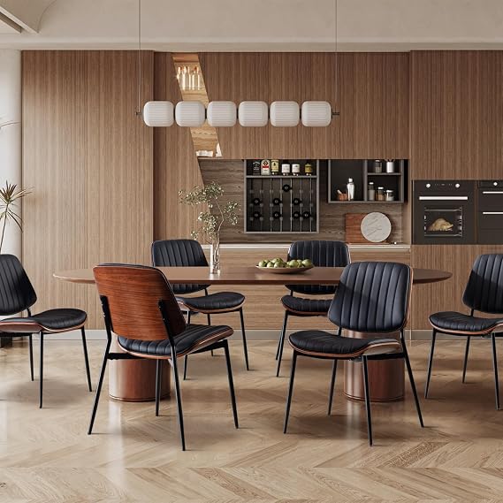 Dining Chairs Set of 6, Upholstered Mid-Century Modern Dining Room and Kitchen Chairs with Walnut Backrest,Retro Accent PU Leather Side Chairs with Metal Legs,Black