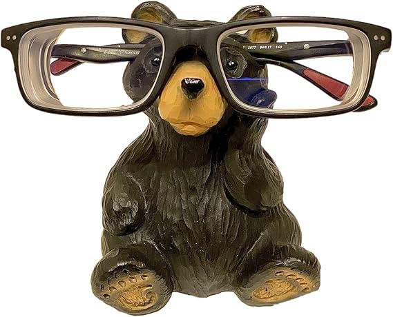 Wood Cut Look Resin Bear Figurine Sculpture Eyeglasses Holder Stand