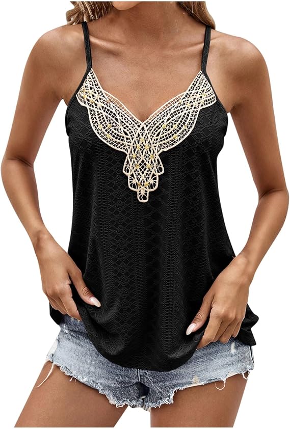 Womens Eyelet Tank Top Lace Patchwork V-Neck Spaghetti Strap Camisole Summer Breathable Hollow Out Sleeveless Vest