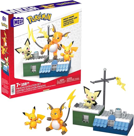 MEGA Pokemon Action Figure Building Toys for Kids, Pikachu Evolution Set with 159 Pieces, 3 Poseable Characters, 8 Year Old Gift Idea