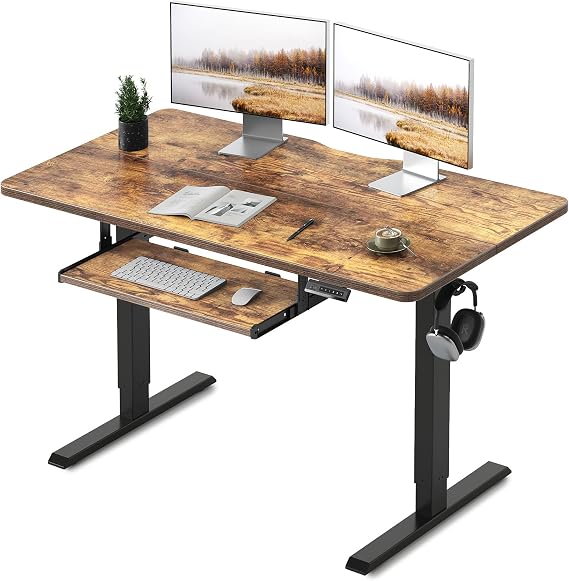 FEZIBO Standing Desk with Keyboard Tray, 48 x 24 Inch Adjustable Height Sit Stand Desk with Memory Presets for Home Office, Ergonomic Computer Workstation, Rustic Brown