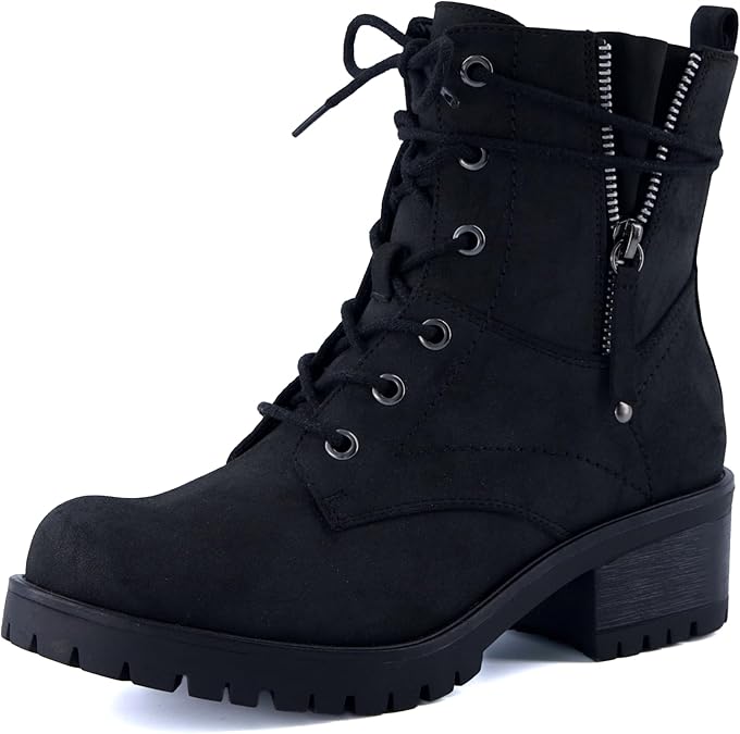 Dunes Women's Kobe Heeled Combat Boots Lace-Up with Side Zipper, Memory Foam Insoles, Faux Fur Lining, Vegan Nubuck Leather, Wide Widths Available