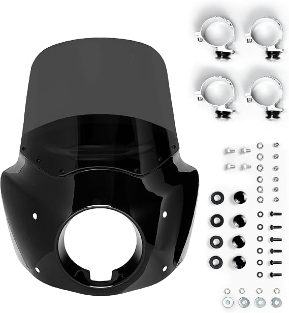 Motorcycle Windshield & Fairing Complete Kit, Road Warrior Windshield, Compatible with Harley Davidson Dyna and Softail, Motorcycle Accessories, Glossy Black and Smoke Windscreen, 11" Height