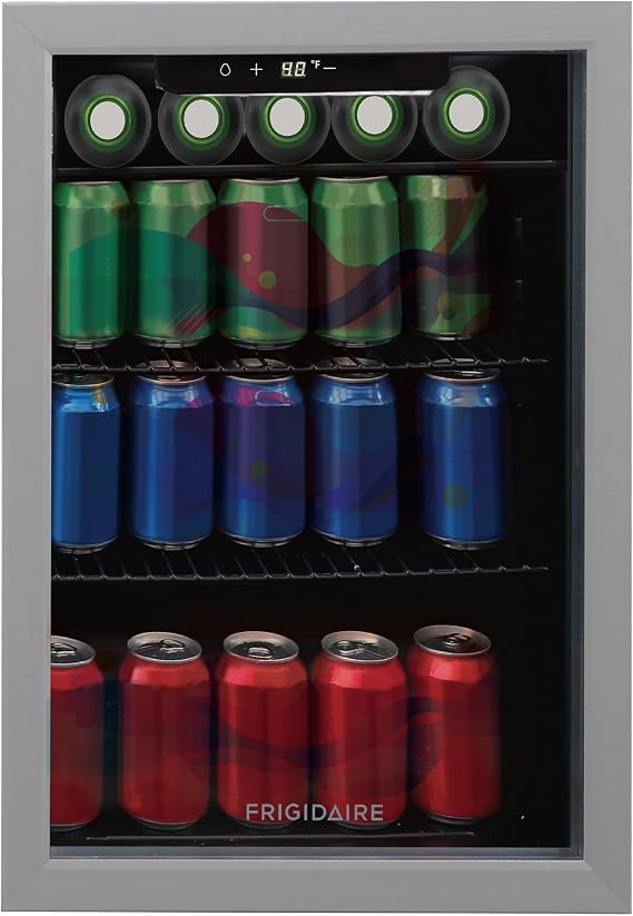 Frigidaire Beverage Fridge Refrigerator with Glass Door, Compact Mini Fridge with Digital Temperature Control Fits 87 Cans or 24 Bottles - 19.29" D x 25" W x 17.51" H, Silver