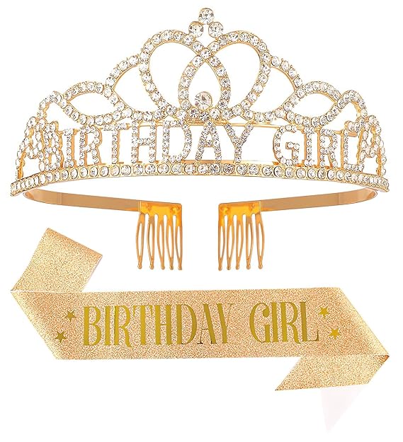 Birthday Tiara Crown with Sash for Women, Birthday Queen for Party