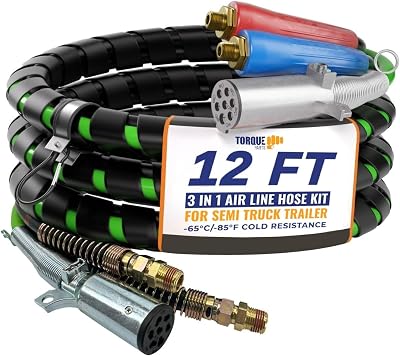 TORQUE 12ft 3 in 1 ABS & Power Air Line Hose Kit Airline Air Hose Wrap 7 Way Electrical Cable Air Lines with Handle Grip Airlines for Semi Truck Trailer Tractor TR813212