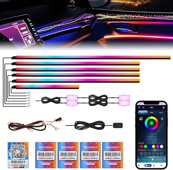 Dreamcolor Acrylic Car Interior Lights 10 in 1 RGB LED Strip Lights APP Control Zoned Control System 252 Color Modes DIY Fiber Optic Ambient Lighting Kits Music Car Neon Light Kits New Version