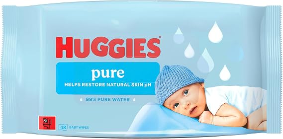 Huggies Pure Plastic Free Baby Wipes - Single Pack (48 Wipes) – 99% Water Wet Wipes, Fragrance Free, Hypoallergenic, Better Cleaning, Soft and Gentle on Babies' Delicate Skin