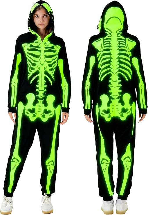 Wish Care Adult Women Glow in the Dark Skeleton Costume, Zip Up Hooded Mens Skeleton Onesie Jumpsuit for Halloween Costume