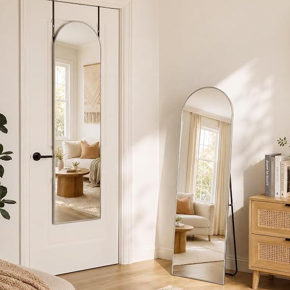 15"x 56" Over The Door Mirror, Arched Full Length Mirror with Floor Stand | Aluminum Frame, Adjustable Hooks, Wall Mounted or Standing for Bedroom, Living Room, Bathroom, Dorm, 15"x 56", Silver