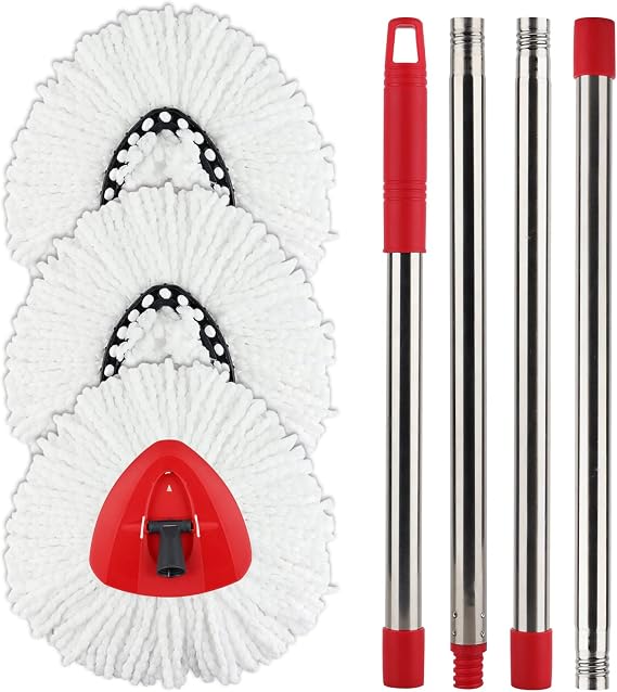 Spin Mop Replacement Head with 1 Rotating Mop Base and 1 Handle - EasyWring Mop Refills Compatible with Rotating Triangle SpinMop