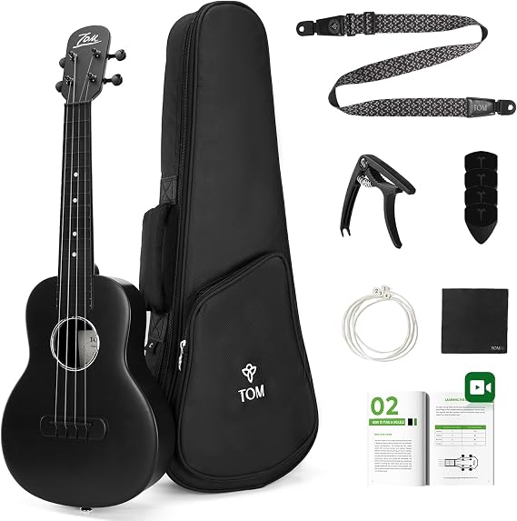TOM 23 Inch Carbon Fiber Concert Ukulele Beginner Kit (Black)
