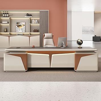 94 inch Executive Desk with Lateral Cabinet, Luxury Wood Single Office Long Boss Desk with USB Ports, Writing Study Table Business Furniture Set Workstation for Home Office