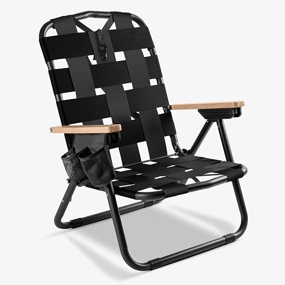 CleverMade Kove Midnight Black Beach Camping Chair, Hands Free Carrying Strap + Real Wood Handles & 2 Cup Holders, Foldable Reclining Low Profile Collapsible Lawn Chair, Holds 300 lbs