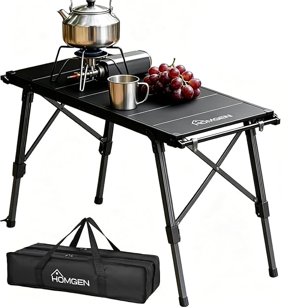 HOMGEN Portable Camping Table Foldable-Adjustable Height 15-21.6 inch-Aluminum Stable Camp Small Table with Side Hanging Bar-34.7 x 15 inch Tabletop size-Folding Compact for Camping BBQ Picnic RV Trip