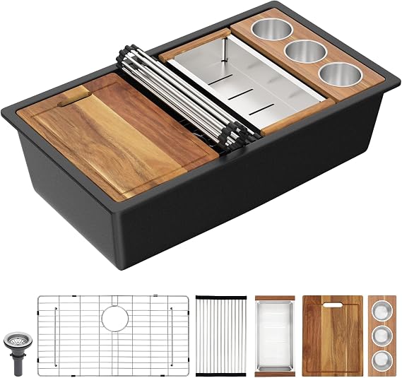 33"x19" Black Granite Composite Kitchen Sink - Undermount Granite Composite Quartz Classic Matte Black Ledge Workstation Under Counter Single Bowl Basin with Condiment Tray