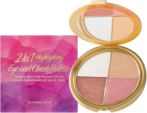 Cheek Palette & Eyeshadow Palette - 4-In-1 Highlight Shades Makeup for Blush - Multi-Purpose Makeup Palettes Contour Kit - Metallic Shimmer Eye & CheekPalette Portable Compact 8.8g