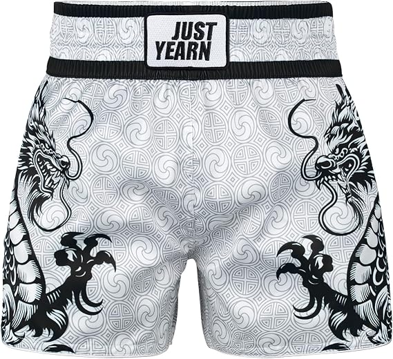 JUST YEARN Muay Thai Boxing Shorts, Traditional MMA Kickboxing Workout Trunks for Men and Women, High Mobility Training Gear