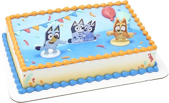 DecoSet Bluey Dance Mode Cake Toppers, 3 Piece Cake Decoration With Bluey And Bingo Figurines and Muffin & Socks Poly Pic, For Birthday, Parties, Celebration