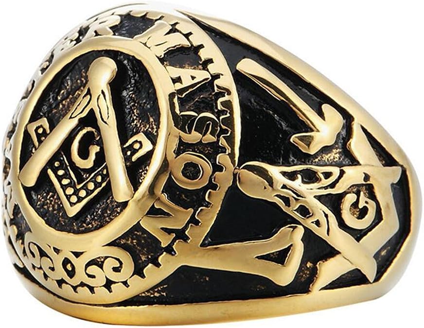Masonic Rings for Men - College Style Look (Gold Plated) Stainless Steel Freemason Ring Masonic Rings. Freemason's Jewelry for Free Masonry Member. Free Masons Masonary Ring w/Masonic Symbol