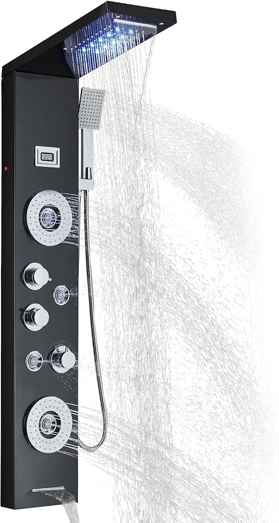 AlenArt Shower Panel Tower System Rainfall Waterfall Shower Head with Body Jets Stainless Steel Rain Massage System 5-Function High Pressure Shower Panel Tower System,HFT8029