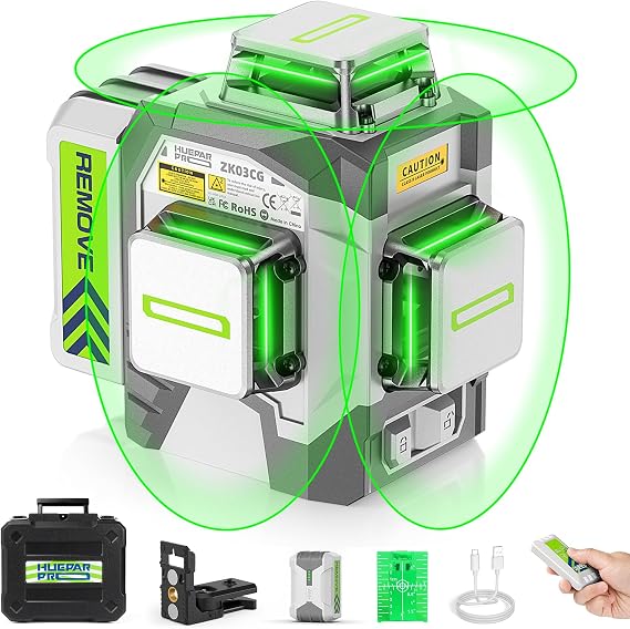 Huepar Pro Laser Level 360 Self Leveling, 3x360 High Accuracy Green Cross Line Laser for Construction and Picture Hanging, 12 Lines Level Laser Tool with Rechargeable Battery & Remote Control